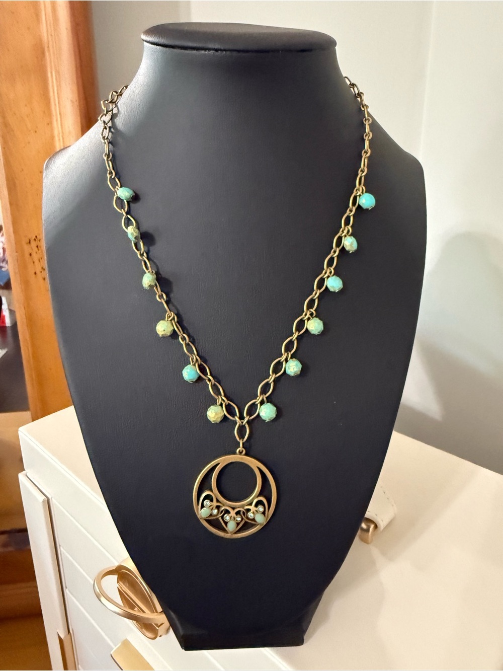 Premier Designs Gold-Tone Necklace with green crystal Beads Pendant